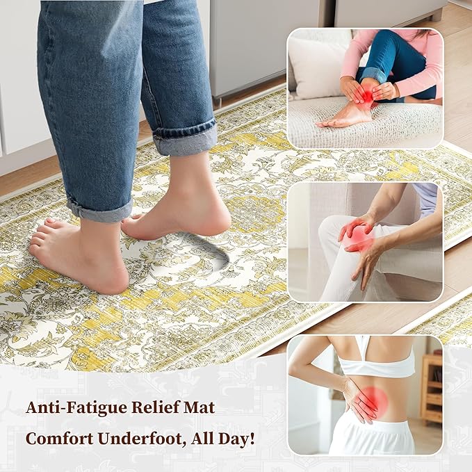 Boho Kitchen Mats for Floor 2 Piece Set Anti Fatigue Cushioned PVC Kitchen Rugs Non Slip Waterproof Farmhouse Mats 2/5 Inch Comfort Standing Mat for Office, Laundry, 17.3"x59"+17.3"x28", Yellow