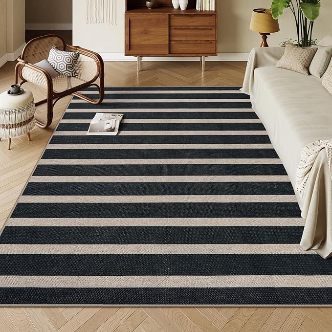 Lahome Elance Striped Easy Jute Outdoor Rug 8x10, Washable Living Room Patio Rug Black Indoor Outdoor Carpet, Farmhouse Geometric Non Slip Non Shedding Carpet for Office Backyard Dining Room