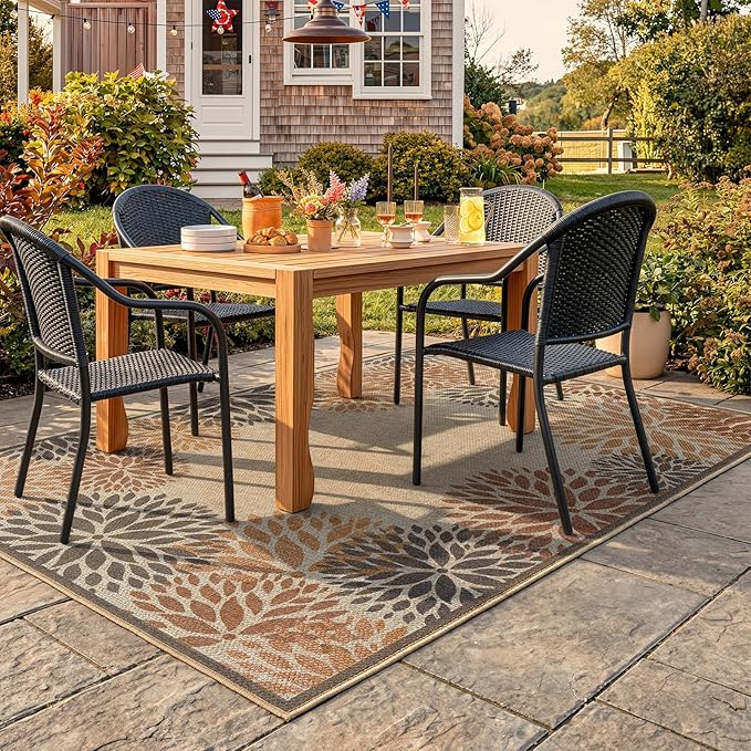 LIVEBOX Modern Easy Jute 5x7 Outdoor Rug, Washable Area Rugs for Living Room Patio Floral Indoor Outdoor Rug, Boho Farmhouse Non Slip Carpet for Backyard Foyer Dining Room(Beige, 5'x7')
