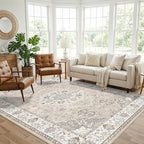 7x10 Area Rug for Living Room: Washable Neutral Vintage Large Rugs for Bedroom, Office, Dining Room, Kids Room, Farmhouse Durable Low Pile Non Slip Carpet for High Traffic Areas(7x10 Beige)