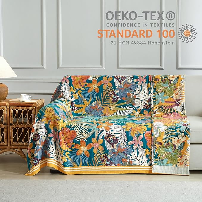 Boho Throw Blanket for Bed 60”x80”, 100% Cotton Woven Blanket for Couch Sofa, Ultra Soft 4-Layer Muslin Quilt with Floral Printed, Farmhouse Bed Blanket/Cover for Living Room Decor