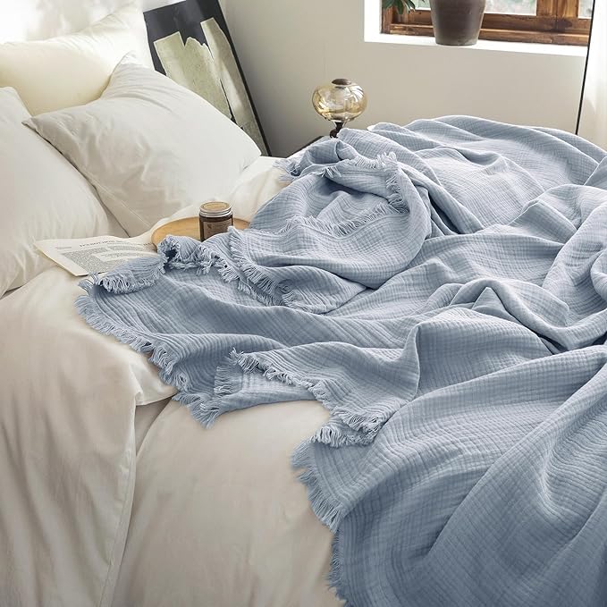 FOSSA Muslin Blanket with Fringe - 4-Layer 100% Cotton Gauze Super Soft & Breathable Throw -Lightweight Decorative Cooling Blanket for Bed, Sofa, Office (Cornflower Blue, Queen (90" × 90"))