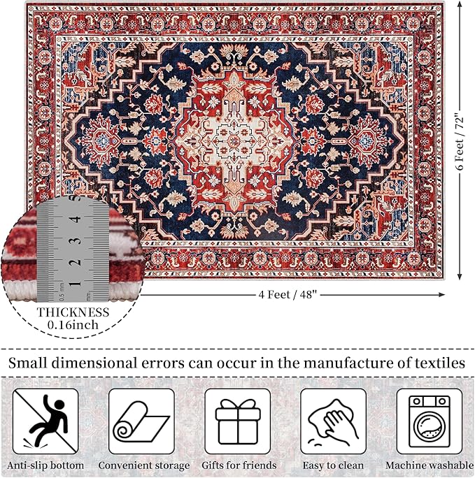 Amearea Vintage Design Area Rugs for Living Room, 4x6 Machine Washable Floral Collection Traditional Bedroom Rug, Low Pile Dinning Room Carpet, No Slip Office Kitchen Home Decor, Red and Blue