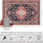 Amearea Vintage Design Area Rugs for Living Room, 4x6 Machine Washable Floral Collection Traditional Bedroom Rug, Low Pile Dinning Room Carpet, No Slip Office Kitchen Home Decor, Red and Blue