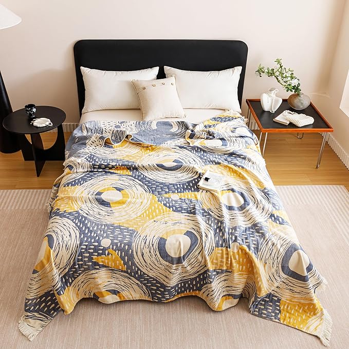 Scientific Sleep Starry Blue Sky Moon Stars 100% Cotton Muslin Blanket Throw Cover for Bed Couch Sofa Cozy Soft Bedding Lightweight Warm Bedspread Quilt Coverlet Full Queen 80 in x 90 in