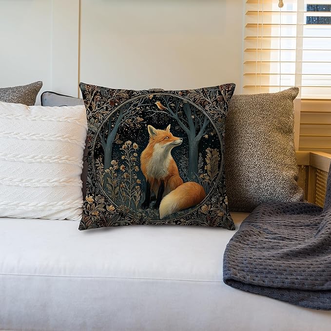 Dark Vintage William Morris Fox Floral Print Pillow Covers 18x18,Cottagecore Fox Decor,Dark Dcademia Animal Floral Decorative Throw Pillow Covers for Home Bedroom Living Room