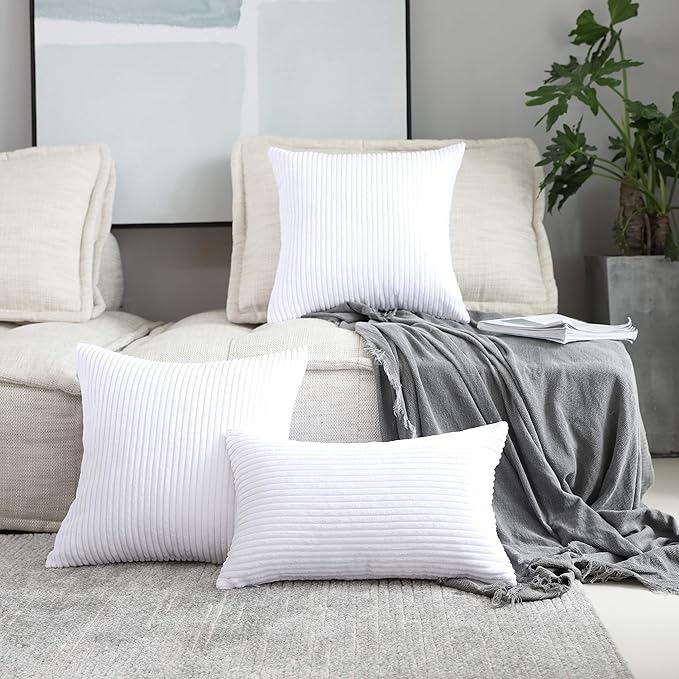 Home Brilliant Set of 2 26x26 Pillow Covers Super Soft Euro Sham Striped Corduroy Decorative Euro Throw Pillow Shams Cushion Cover for Couch, 26 x 26 inch, Pure White