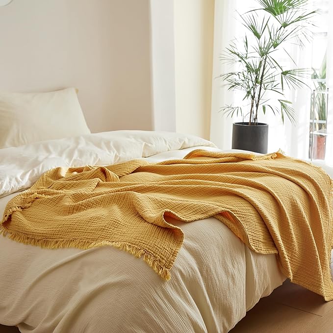 Simple&Opulence Cotton Muslin Throw Blanket 4 Layers for Bed, Couch, Woven Gauze Blanket with Tassels, Soft Lightweight Cozy Pre-Washed Breathable Farmhouse Decoration for All-Season(Yellow)