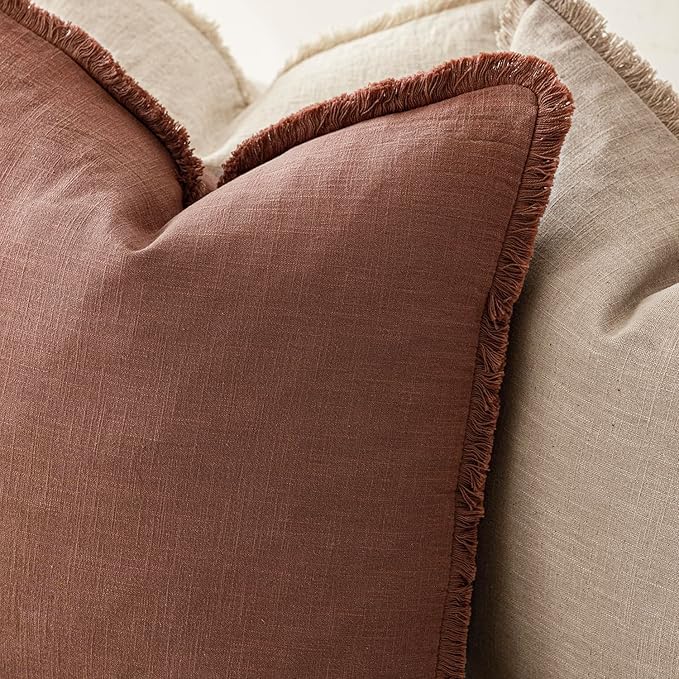 Foindtower Set of 2 Decorative Linen Fringe Lumbar Throw Pillow Covers Boho Farmhouse Cushion Cover with Tassels Soft Accent Pillowcase for Couch Sofa Bed Living Room Home Decor,12×20 Inch,Rust Red