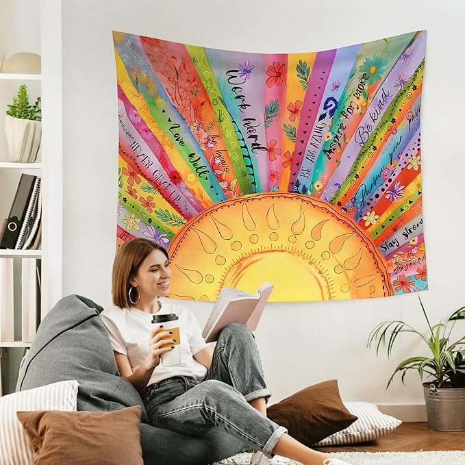 WARDOS Colorful Boho Sun Tapestry, Motivational Sunshine Tapestry Wall Hanging, Boho Abstract Sun Sunshine Wall Blanket Decor for Home Living Room Bedroom, 50x60 Inch