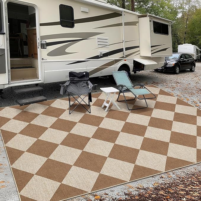 GarveeHome Checkered Easy Jute 3x5 Entryway Rug Machine Washable Outdoor Patio Rug Non-Slip Backing Checkerboard Brown Indoor Outdoor Carpet for Hallway Bathroom Kitchen Bedroom