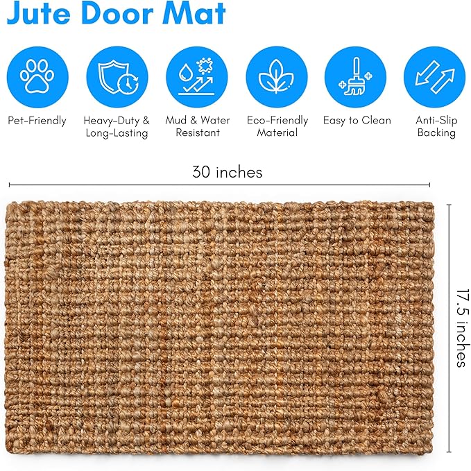 PLUS Haven Jute Doormat - Size: 17.5-Inches x 30-Inches - Pile Height: 1-Inch - Doormat Outdoor Entrance, Front Porch Door Mat, Easy to Clean Entry Mat, Outdoor and Indoor Uses, Home Decor