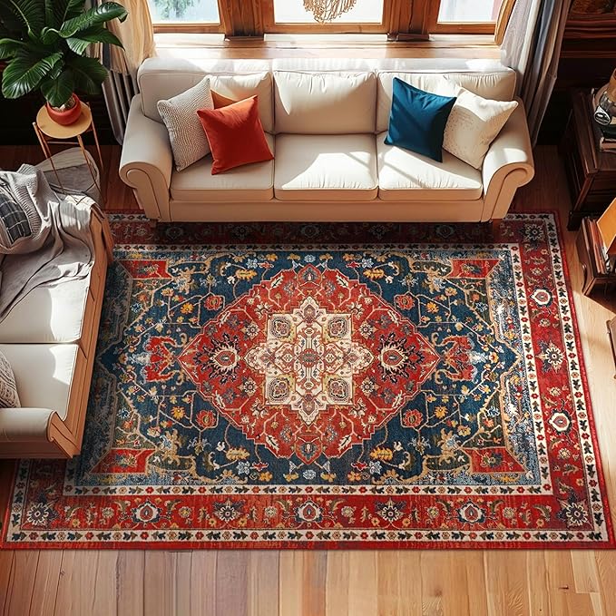 YJ.GWL Area Rugs for Living Room 6x9 Machine Washable Rugs, Non Slip Floral Vintage Rug Indoor Carpet, Stain Resistant Large Rug for Bedroom Dining Room, Orange-Red