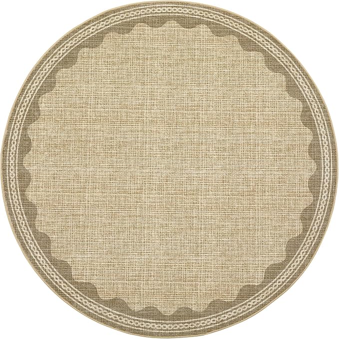 Scalloped Jute Print 4 ft Round Rug Washable Non-Slip Soft Ultra-Thin Small Circle Modern Cottage Core Solid Tan Carpet for Entryway Kitchen Bedroom Nursery Dining Room Tan