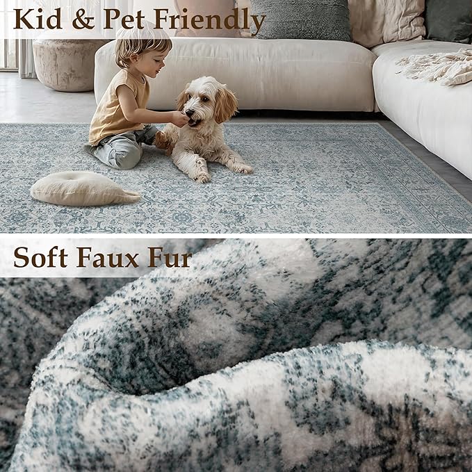 Blue Area Rug 3x5 Washable Office Entryway Carpet Soft Vintage Indoor Kitchen Living Room Door Mat Traditional Retro Distressed Throw Small Rug Bedroom Dining Room Bathroom