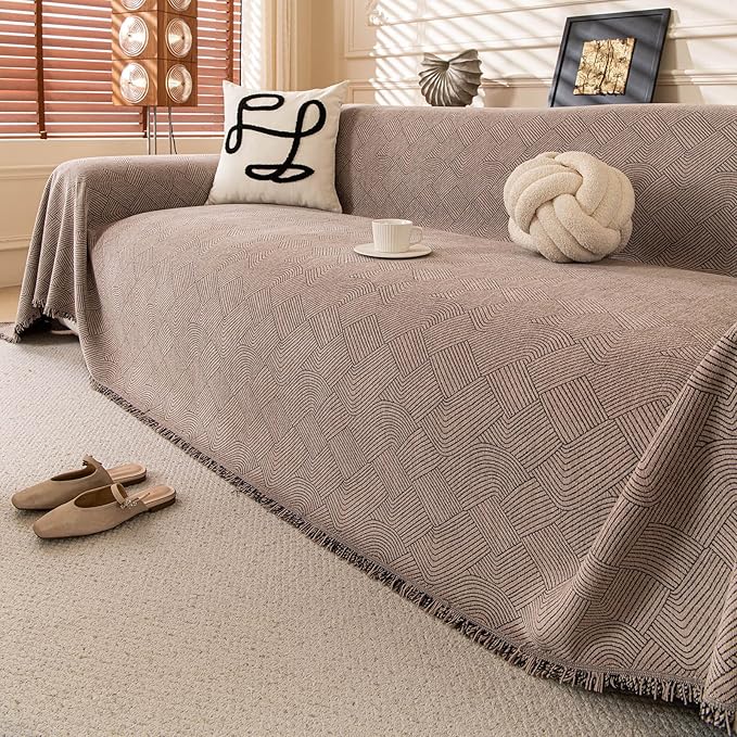ROOMLIFE Brown Waterproof Couch Cover Sofa Covers, Chenille Couches Covers for 3 Cushion Sofas, Non Slip Soft Breathable Sofa Slipcovers for Pet, Washable Furniture Protector with Tassel,71''X134”
