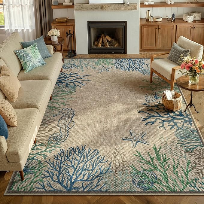 LIVEBOX Modern Easy Jute Outdoor Rug 8x10, Washable Rugs for Living Room Indoor Outdoor Non Slip Large Patio Coastal Animal Farmhouse Area Rugs, Carpet for Backyard Office Decor(Olive 8'x10')