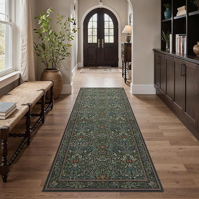 GENIMO Washable Floral Runner Rug 2’6”x7’, Non-Slip Long Hallway Carpet for Entryway, Kitchen, Indoor Floor Use, Vintage Boho Soft Thin Rug Décor, Dark Green