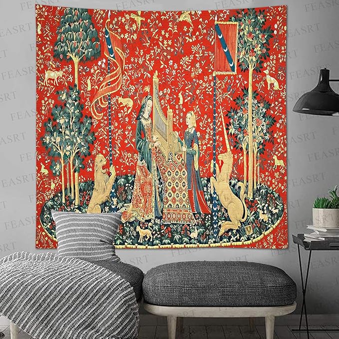 FEASRT Bohemian Tapestry - Medieval Maiden and Unicorn, 60x60 Inches Soft Flannelette, for Bedroom Living Room