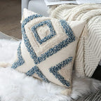 JASEN Blue and Beige Boho Decorative Throw Pillow Cover, Woven Tufted Pillow Cover with Tassels Diamond Pattern Pillow Covers 18x18 for Couch Sofa Bedroom Living Room(No Pillow Insert