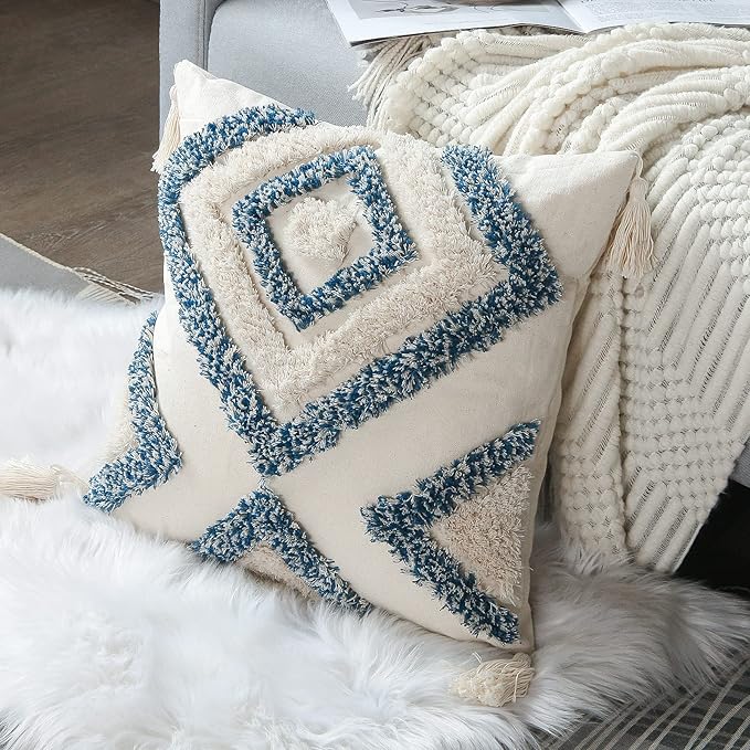 JASEN Blue and Beige Boho Decorative Throw Pillow Cover, Woven Tufted Pillow Cover with Tassels Diamond Pattern Pillow Covers 18x18 for Couch Sofa Bedroom Living Room(No Pillow Insert