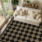 Easy Jute Indoor Outdoor Checkered Rug for Dining Room 6x9, Stain Resistant Non-Slip Geometric Black and Brown Diamond Living Room Rug, Durable Boho Border Low Pile Carpet Decor for Bedroom and Office