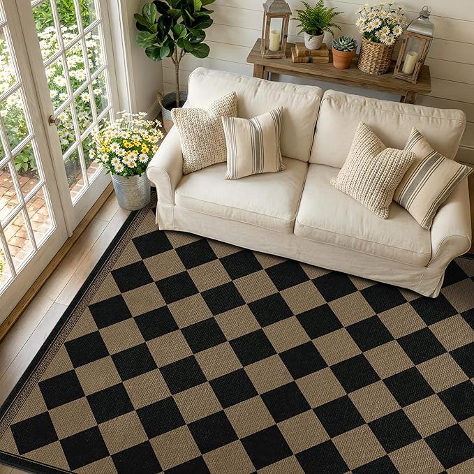 Easy Jute Indoor Outdoor Checkered Rug for Dining Room 6x9, Stain Resistant Non-Slip Geometric Black and Brown Diamond Living Room Rug, Durable Boho Border Low Pile Carpet Decor for Bedroom and Office