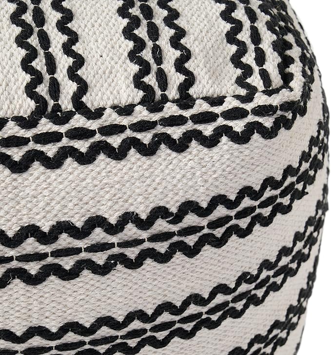 GDFStudio Boho Handmade Fabric Cube Pouf Ottoman Foot Stool - Bean Bag Floor Chair - Foot Rest Couch for Living Room Bedroom,Natural and Black,16" x 16" x 15.75"