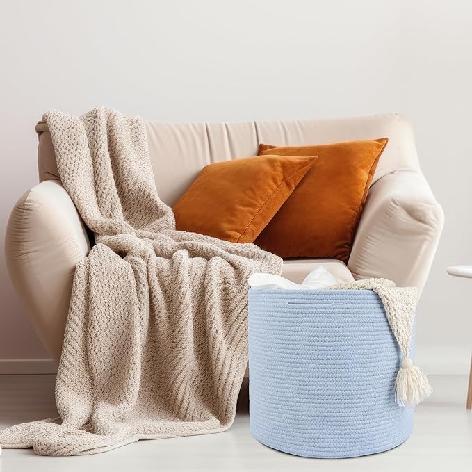Cotton Rope Basket For Girls Boys Kids 16”X14” Baby Laundry Baskets Nursery Bin Round Woven Basket For Storage Toys Blankets Shoes Clothes blue