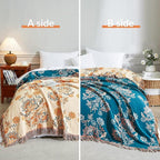 Boho Throw Blanket for Bed 80”x90”, 100% Cotton Woven Blanket for Couch Sofa, Ultra Soft 4-Layer Muslin Quilt with Floral Printed, Farmhouse Bed Blanket/Cover for Living Room Decor