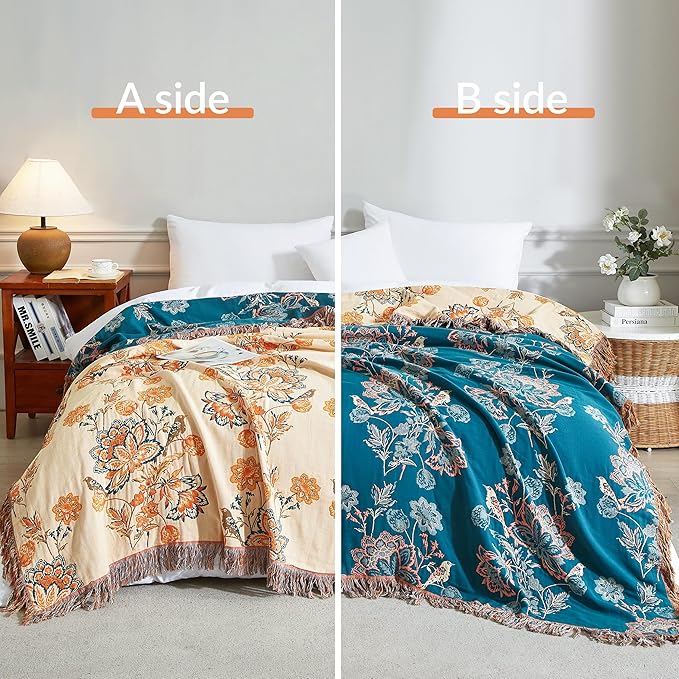 Boho Throw Blanket for Bed 90”x98”, 100% Cotton Woven Blanket for Couch Sofa, Ultra Soft 4-Layer Muslin Quilt with Floral Printed, Farmhouse Bed Blanket/Cover for Living Room Decor