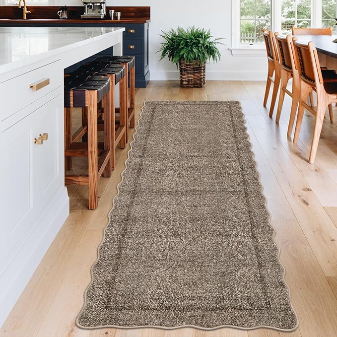 GarveeHome Scalloped Washable Runner Rug 2x6 Runner Non Slip Kitchen Rug Modern Taupe Rug Entryway Rug Farmhouse Soft Bathroom Rugs Stain Resistant Carpet for Hallway Laundry Bedroom 2 ft x6 ft Taupe