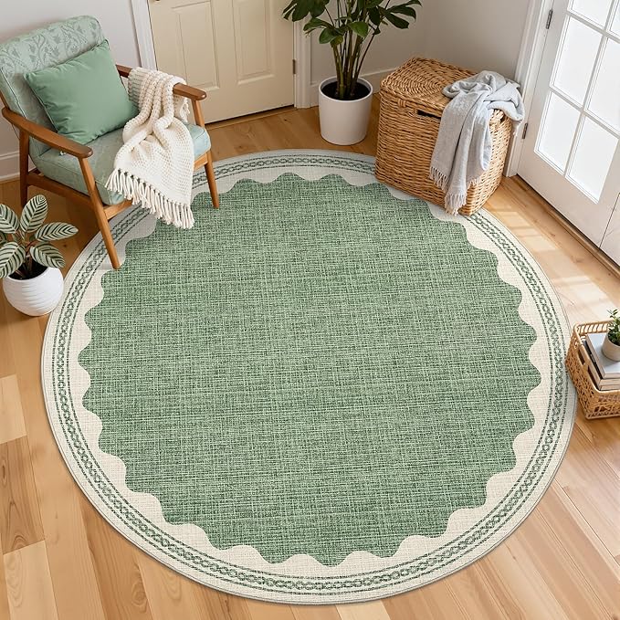 Scalloped Sage Green 6ft Round Rug Washable Non-Slip Soft Ultra-Thin Small Circle Modern Cottage Core Solid Carpet for Entryway Kitchen Bedroom Nursery Dining Room