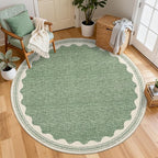 Scalloped Sage Green 6ft Round Rug Washable Non-Slip Soft Ultra-Thin Small Circle Modern Cottage Core Solid Carpet for Entryway Kitchen Bedroom Nursery Dining Room