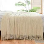 Blagic Knitted Throw Blanket for Couch,Soft Farmhouse Boho Fall Throw Blanket with Tassels,Home Decorative Lightweight, Beige Throws for Bed/Chair/Sofa, 50" W x 60" L