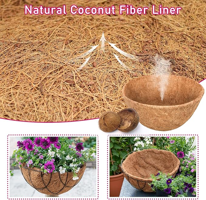 Riare 6 Pack 12 Inch Round Coco Liners Replacement, 100% Natural Coconut Coir Liners for Hanging Baskets, Garden Flower Vegetables Planter Pot, Window Box, Fence, Decks