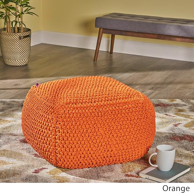 Christopher Knight Home Lucy Knitted Cotton Square Pouf, Orange, Small