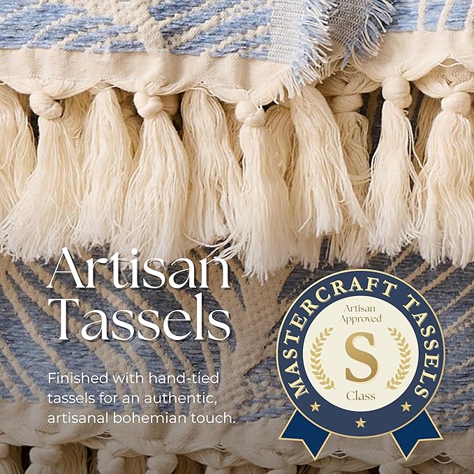 DOWN HOME Chenille Cotton Throw Blanket for Couch, Lightweight Boho Blanket for Bed Sofa Chair Living Room Outdoor Soft Woven Decorative Blanket with Tassel Gift Blue Leaves 50"x70"