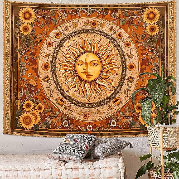 Accnicc Vintage Sun and Moon Tapestry Boho Yellow Orange Indie Wall Tapestry for Bedroom Aesthetic Sunflower Small Hippie Fall Tapestries Wall Hanging for Living Room Dorm 60 x 44 Inch