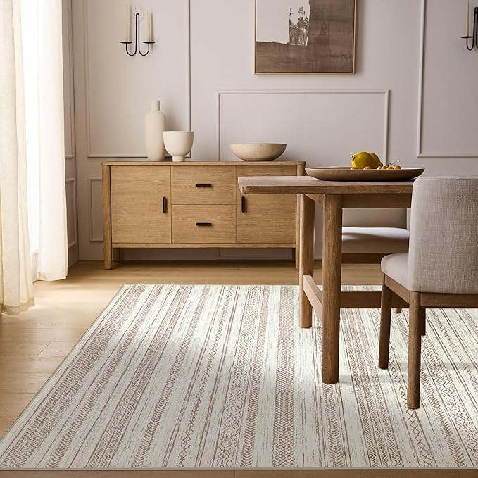 Boho Area Rug 6x9 Beige Living Room Large Office Modern Neutral Kitchen Taupe Washable Indoor Accent Low Pile Geometric Carpet Distressed Throw Rug Bedroom Dining Room