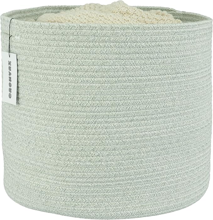Cotton Rope Baskets For Girls Boys Kids 16”X14” Baby Laundry Basket Nursery Bin Round Woven Basket Organizer For Storage Toys Blankets Shoes Clothes light green