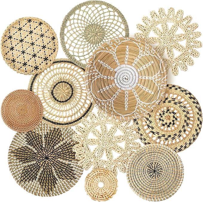 Tatuo 11 Pcs Boho Wall Basket Decor Decorative Bulrush Woven Basket Wall Decor Art Round Farmhouse Hanging Baskets for Kitchen Rustic Home Summer Decorations, Multi Sizes(Vivid)