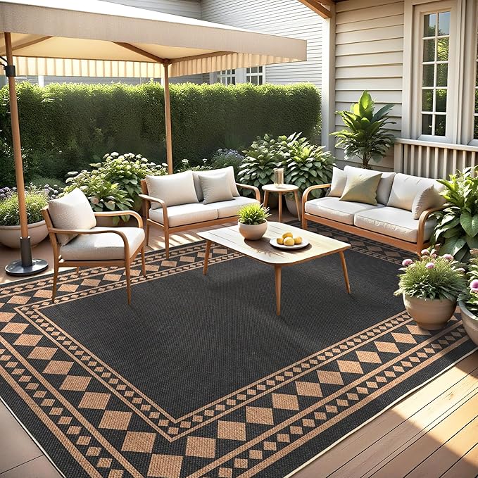 GarveeHome Large Easy Jute Rugs 10x13 Living Room Rug Modern Bordered Solid Rug with Non-Slip Backing, Non-Shedding Jute Indoor Outdoor Neutral Carpet for Dining Room, Patio, Backyard, Black Brown