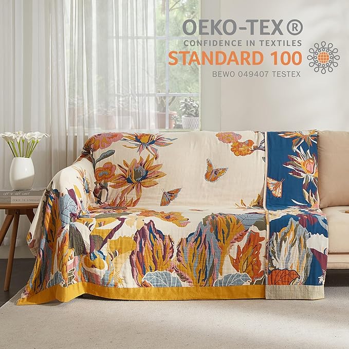 Boho Throw Blanket for Bed 90”x108”, 100% Cotton Woven Blanket for Couch Sofa, Ultra Soft 4-Layer Muslin Quilt with Vintage Floral Printed, Farmhouse Bed Blanket/Cover for Living Room Decor
