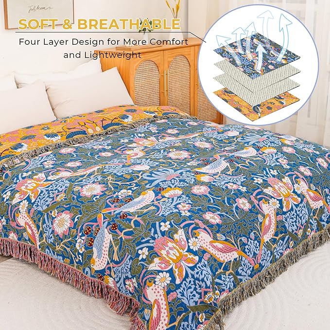 Boho Cotton Muslin Twin Size Bed Throws,100% Cotton Rustic 4 Layer Reversible Bid and Floral Woven Washable Breathable Decor Quilt 60"×80" for Couch Sofa All Seasons,Blue &Yellow