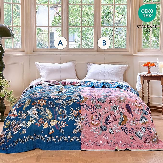 Boho Throw Blanket - 100% Cotton Ultra Soft Muslin Spring Blanket, 50"x60" Lightweight Floral Butterfly Framhouse Bedding Blanket for Bed, All Season Blue Bohemian Bedroom Home Decor Quilt