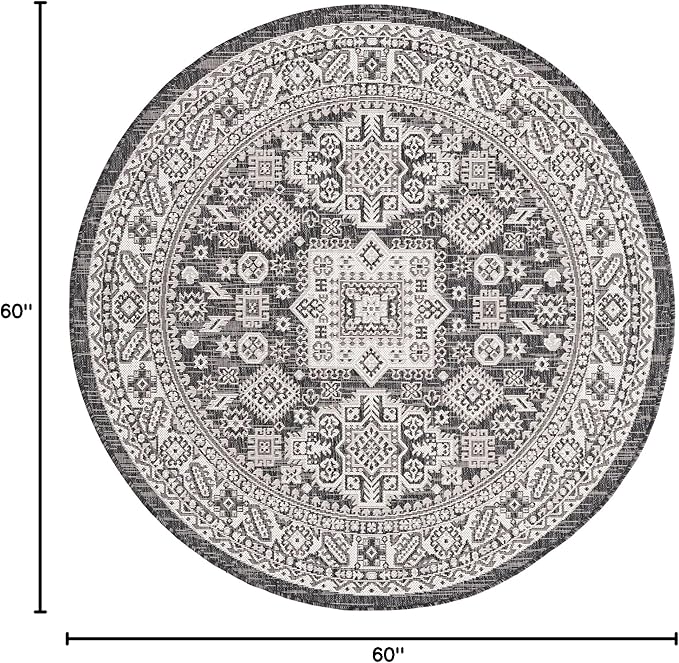 Rugs.com Outdoor Aztec Collection Rug – 5 Ft Round Charcoal Gray Flatweave Rug Perfect for Kitchens, Dining Rooms