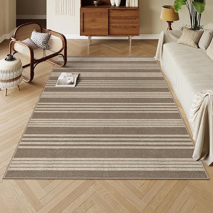 Lahome Elance Striped Non Shed Easy Jute Rug, 5x7 Large Living Dining Room Rug Washable Outdoor Patio Rug, Farmhouse Neutral Non Slip Stain Resistance Indoor Outdoor Carpet for Sunroom Bedroom, Khaki