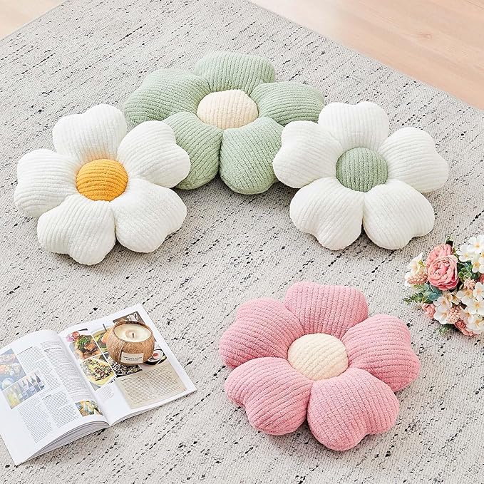 Flower Throw Pillow, Cute Flower Shaped Pillow Decorative Throw Pillow for Bed Couch, Soft Daisy Pillows Floor Seating Cushion Cushions (14.9 Inch White+Green)