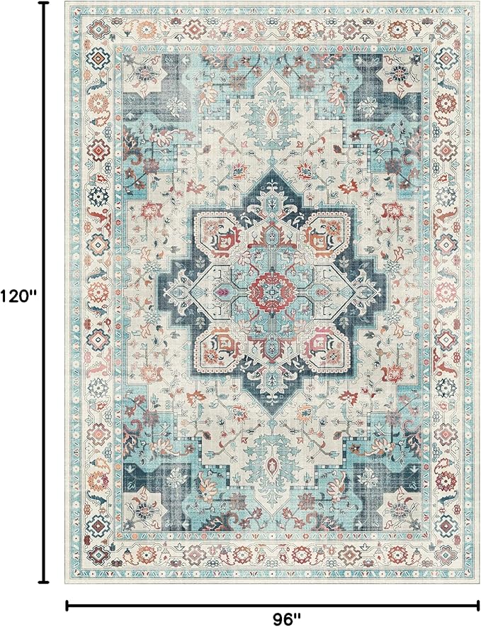 GENIMO 8x10 Area Rugs for Living Room, Machine Washable Non Slip Rugs, Low Pile Lightweight Vintage Print Rug for Bedroom, Dining Room, Home Office, Cyan/White